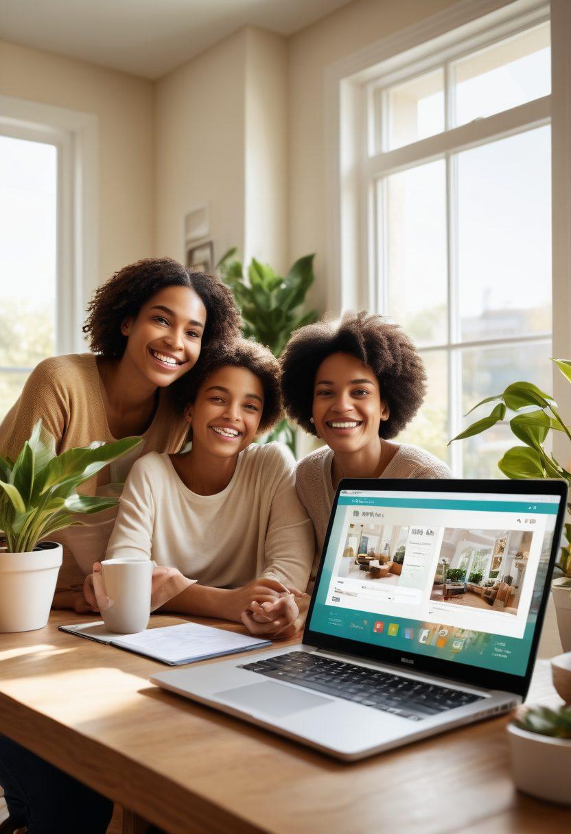 A modern and inviting home interior showcasing a joyful family gathered around a sleek laptop, discussing their mortgage options with smiles on their faces. Bright sunlight streams in through large windows, illuminating a cozy living space filled with houseplants and framed family photos. A stylish mortgage estimator interface is displayed on the laptop screen, visually representing numbers and graphs. The scene conveys warmth, optimism, and financial empowerment. super-realistic. vibrant colors. cozy atmosphere.