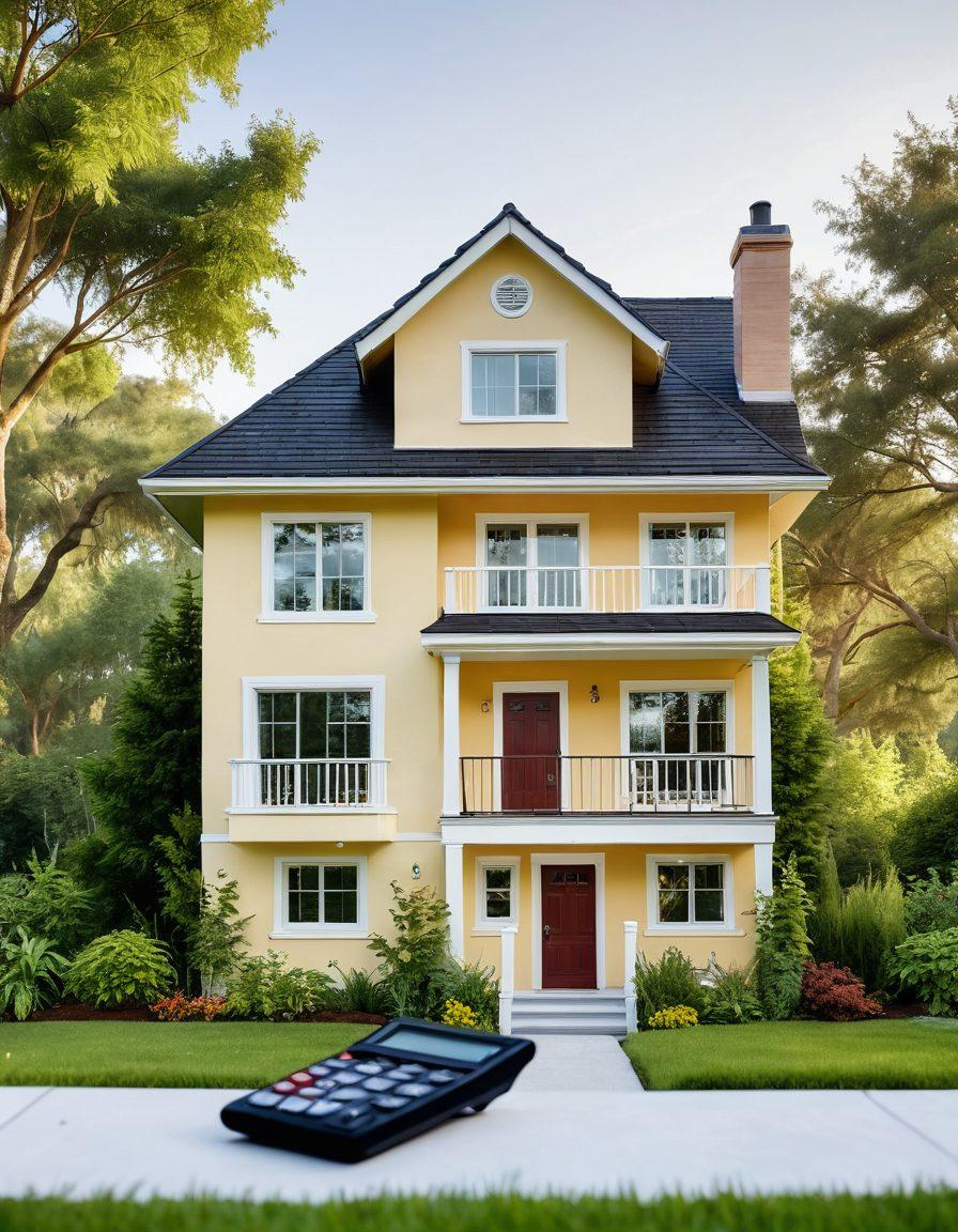 A serene landscape depicting a family happily settling into their new home, surrounded by lush greenery and a clear sky. Include financial planning tools like a calculator and mortgage documents subtly integrated into the scene. The atmosphere should evoke a sense of ease and optimism, showcasing a journey toward affordable living. soft-focus, warm colors, whimsical.