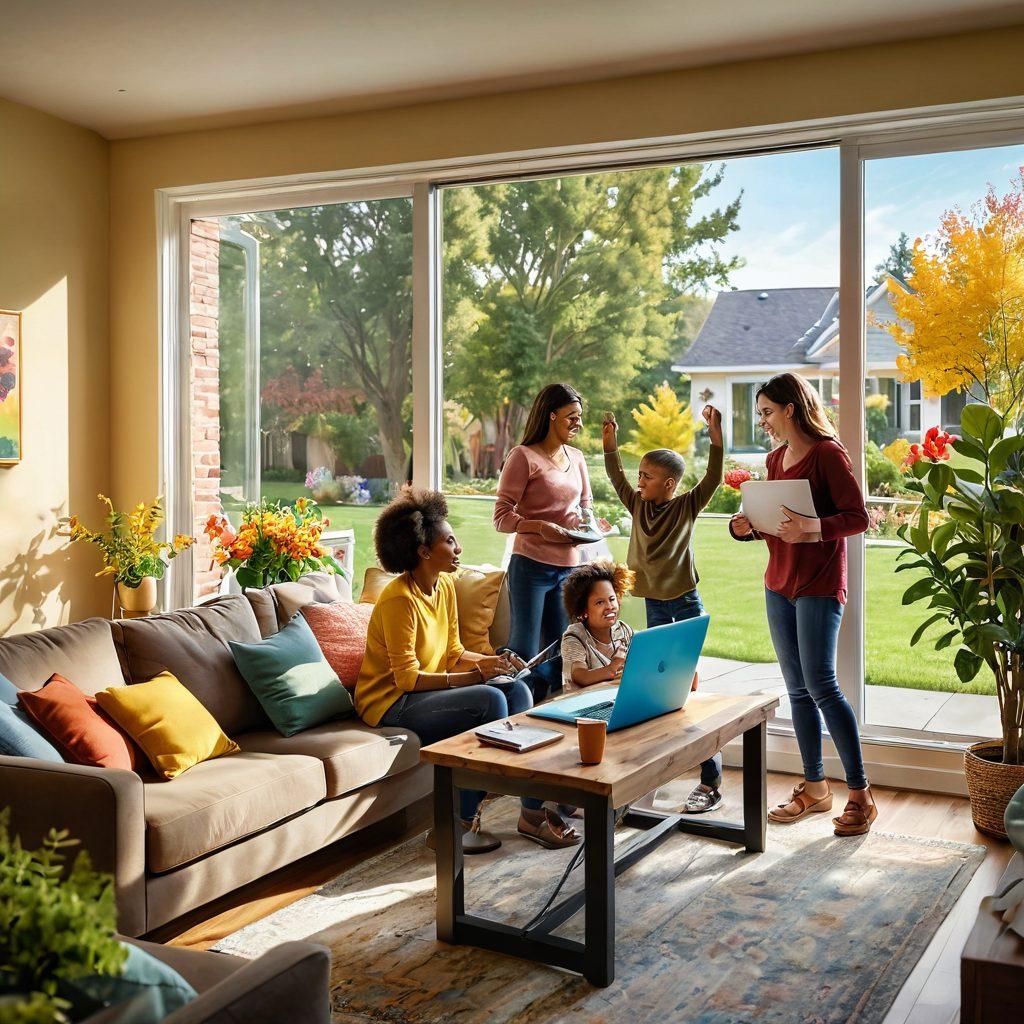 A cozy, sunlit living room featuring a happy family celebrating their new home, with a laptop displaying a colorful loan estimation tool on a nearby table. Bright, welcoming colors with housewarming decorations around. Include a large window with a beautiful garden view and a sense of joy and togetherness. super-realistic. vibrant colors. warm tones.